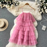 Women Retro Ruffles Pink/Green Strap Dress Mesh Spliced Wood ears Hem Cake Mini Party Dresses Robe Vestido