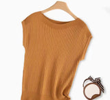 Silk Knitted Women Loose 2025 Summer New Gray Top Collar Thin Short-Sleeved T-Shirt