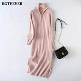 Casual Thicken Turtleneck Zippers Women Knitted Dress 2021 Autumn Winter Long Sleeve Side Split Female Sweater