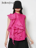 Solid Shirt For Women Stand Collar Sleeveless Ruffle Trim Button Through Blouse Female Fashion Clothing Style