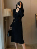 Women Winter Sheath Elegant Midi Knitted Dress Sexy V-neck Long Sleeve Wool Blend Warm Design Knitting Clothing Winter 2023