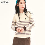 Women Sweaters 2022 Winter Long Sleeves Plush Polo Neck Knitted Pullover Black and White Stripes Warm Casual Chic