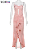 Hollow Ruffles Dress Woman Y2K Summer Spaghetti Strap Sexy Irregular Tassel Patchwork Fungus Trim Mesh Skinny Vestidos-Outfit