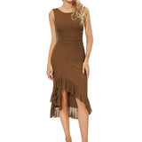 Women Sleeveless Bodycon Dress Evening Party Summer Clothes Chic and Elegant Solid Color Backless Mesh Ruffled Dress-Outfit