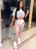 Streetwear Black 2 Two Peice Sets Womens Outfits 2022 Short Sleeve O Neck Crop Top Mesh Pants Suits Black Matching