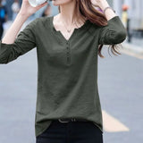 Clothing Spring and Autumn New Loose V-neck Button Tee Shirt Long Sleeve T-shirt Women's Large Pullover Casual Tops-Outfit