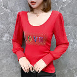 Women's Clothing Letter Printed Slim Blouse Spring Autumn Casual Long Sleeve O-Neck Commute Fashion Gauze Spliced Diamonds Shirt-Outfit