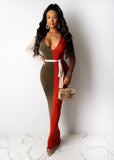 Contrast Color Sexy Deep-V Long Bodycon
