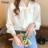 Elegant White Shirt Woman Satin Chiffon Blue Blouse Women Clothing Long Sleeve Loose Blouses Bow Office Lady Tops