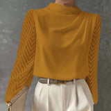 Mesh Patchwork Shirt Blouse Women Fahsion O-neck Lantern Sleeve Shirts For Women 2024 Spring Casual Folds Blouses Tops-Outfit