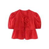 Women's Elegant Kawaii Summer Peplum Blouse Tops Short Puff Sleeve Round Neck Bow Tie-Up Front Babydoll Flare Shirts-Outfit