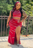 Red Beaded Sexy Crop Top and Slit Long Skirt