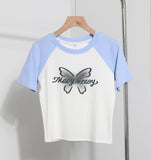 Retro Printed Short-Sleeved T-Shirt Women's Short-Coln High-Waisted Body Shirt