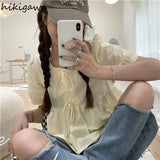 Style Blouse for Women Sweet Puff Sleeve Summer Loose Shirts Crop Tops Bandage Chic Blouses 2023 Blusas Mujer De Moda-Outfit