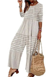 Piece Women Solid Jumpsuits Round Neck Full Sleeve Overalls Striped Print Wide Leg Long Pants Loose Casual Rompers-Outfit