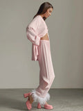 Women's 2Pieces Pajamas Underwear Set Plaid Turn Down Collar Long Sleeve Button Shirts+ Feather Pants Lounge Suits-Outfit