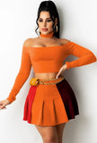 Off Shoulder Long Sleeve Crop Top and Pleated Matching Skirts 2pc