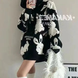 Cartoon Rabbit Knitted Sweaters Autumn Winter Casual O-Neck Loose Commute Women's Clothing Korean Letter Midi