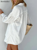 Summer White Elegant Jacquard Fabric Soft Vacation Suits Women Long Sleeves Shirts And Hot Pants Two Pieces