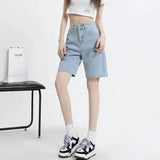 Waisted Denim Shorts Women Summer Korean Fashion Y2k Bottoms White Retro Blue Black Jeans Knee Length Female Jean