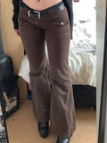 Y2K Brown Flare Jeans Solid Pockets Kawaii Trousers Low Waisted Aesthetic Grunge Fairycore Joggers Women Casual
