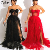 Solid Strapless Sheer Mesh Ruffle Party Maxi Long Dress Black Red Lace Patchwork Sexy Elegant Dresse Robe Femme