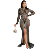 Crystal Mesh Long Elegant Evening Dresses for Women Party Glitter Black Transparent Bodycon Slit Dress