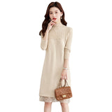 Collar Long-Sleeved Knitted Dress Women's Autumn And Winter Coat With Sweater 2024 Red Bottomed Medium-Length Dress-Outfit