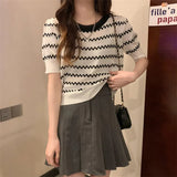 Ice Silk Striped Knitted Short-Sleeved T-Shirt For Women's 2025 Summer New High-Waisted Loose Bubble Sleeve Short