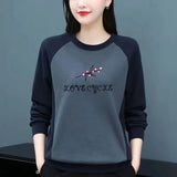 and Autumn Women's Pure Cotton Round Neck Sweater Spliced Large Long Sleeve Printed Solid Color Pullover T-shirt Tops-Outfit