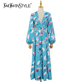 TWOTWINSTYLE Vintage Print Two Piece Set For Women V Neck Long Sleeve Hollow Out Tops High Waist Maxi Skirts Casual Sets