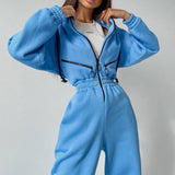 Women Basic Hoodie Jumpsuit Zipper Drawstring Overall High Waist Elasticity Streetwear Tracksuit Rompers Casual One Piece
