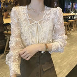 Lace Chiffon Blouse Women Sweet Puff Long Sleeve Lace-up Women's Shirt French Square Collar Flower Loose Top Blusas