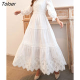 Lace Elegant Women's Dress Spring Hollow Button V Neck Lantern Sleeve White Long Dresses Boho Casual Holiday