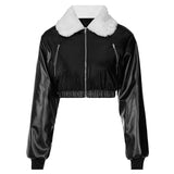 Long Sleeve Zip Up Solid Fur Ruched Pu Leather Jacket Autumn Winter Women Fashion Streetwear Casual Outfits
