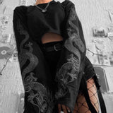 InsGoth Black Crop Top Hoodie Women Sweatshirt Gothic Punk Grunge Dragon Printed Harajuku Loose Sweatshirt Pullover Female
