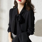 And Autumn 2025 New Solid Color Ribbon With Bow Chiffon Shirt Women Fashion Oceanic