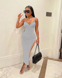 Summer Sexy Clothes Bodycon Dresses For Women 2022 Sleeveless Cami Strap Side Spilt Maxi Dress Pink Party White