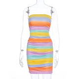Rainbow Tie Dye Print Mini Party Dress Off Shoulder Bodycon Sexy Tube Dress Summer Women Clothes Ruched Dresses