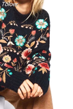 Boho Floral Embroidery Knitted Pullovers Sweater Women Casual Long Sleeve O-neck Spring Jumper Female Loose