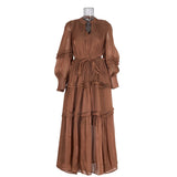 Temperament Dress 2025 New V-Neck Lantern Sleeves Folded Long Silk Dress