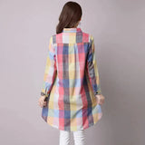 Korean Female Midi Turn-down Collar Plaid Shirt 2023 Fashion Spring Autumn Young Style Single-breasted Long Sleeve Blouse-Outfit