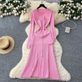Small Fragrant High-Grade Metal Buckle Waist Dress Women 2025 Autumn Thin Temperament Hollow Knitted Long