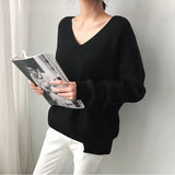WOTWOY V-neck Knitted Oversized Sweaters Women Autumn Winter Long Sleeve Basic Sweater Women White Casual Loose Pullovers