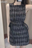 Summer Women Tweed Bandage Dresses for Women Party Sleeveless Bow O-Neck Plaid Elegant Casual Empire Bodycon Short