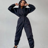 Women Basic Hoodie Jumpsuit Zipper Drawstring Overall High Waist Elasticity Streetwear Tracksuit Rompers Casual One Piece