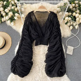 Summer Sexy Draped Chiffon Blouse For Women Elegant V-Neck Puff Long Sleeve Short Tops Female Slim Party Shirts 2022 New