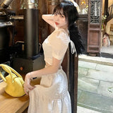 Party Summer Two Piece Set Women Korean Short Backless Puff Sleeve Blouses+High Street Bandage Long Skirts Elegant Chic Set Women