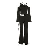 Long Sleeve Irregular Cropped Top Micro Flared Pants Set Woman 2 Pieces Straight-Leg Pants Matching Bandage Top