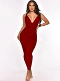 Sexy Straps Sleeveless Solid Ruched Lace Up Sheath Midi